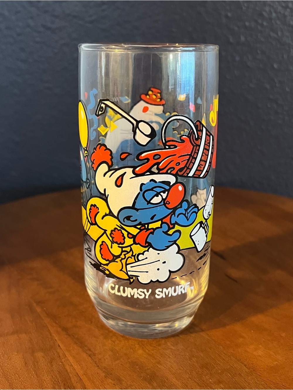 Vintage 1980s Smurfs Drinking Glass Clumsy Smurf Colorful Barware